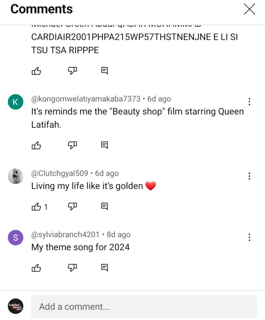 A screenshot of the comments from Jill Scott's music video for her song "Golden" released by Hidden Beach Recordings