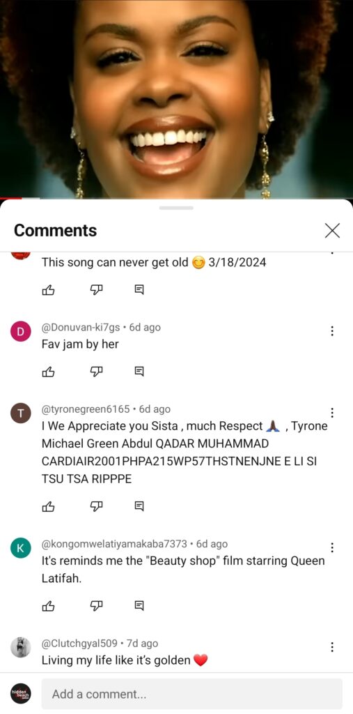 A screenshot of the comments from Jill Scott's music video for her song "Golden" released by Hidden Beach Recordings