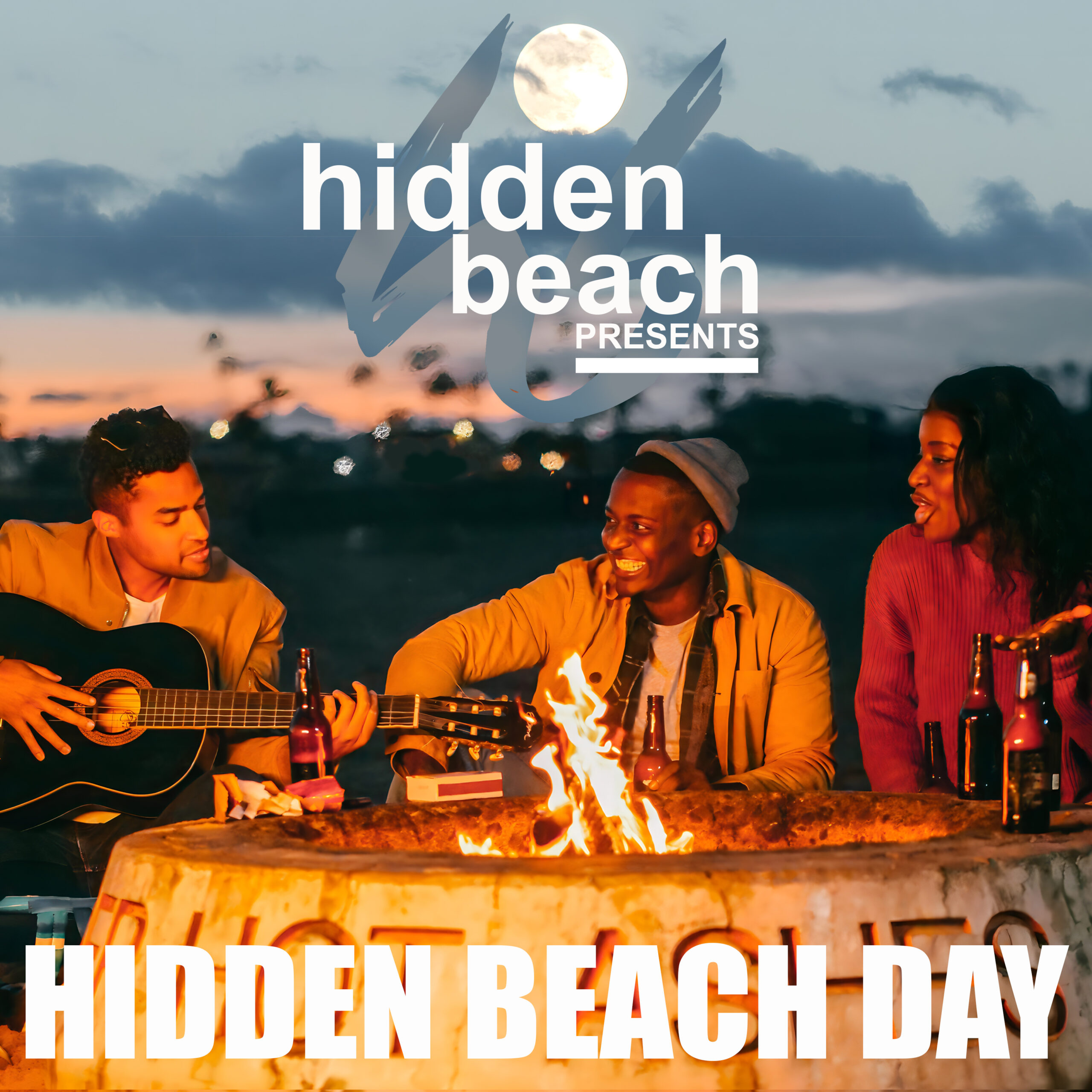 Hidden Beach Day blog post featured image with 3 friends on the beach in front of a bonfire jamming out to music with a guitar