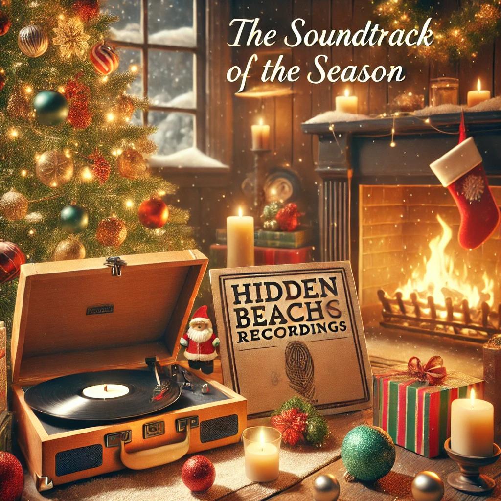 Hidden beach Recordings: The Sountrack of the Season blog post A warm and festive holiday-themed image featuring a cozy fireplace with holiday decorations, a glowing Christmas tree, and a record player with vinyl